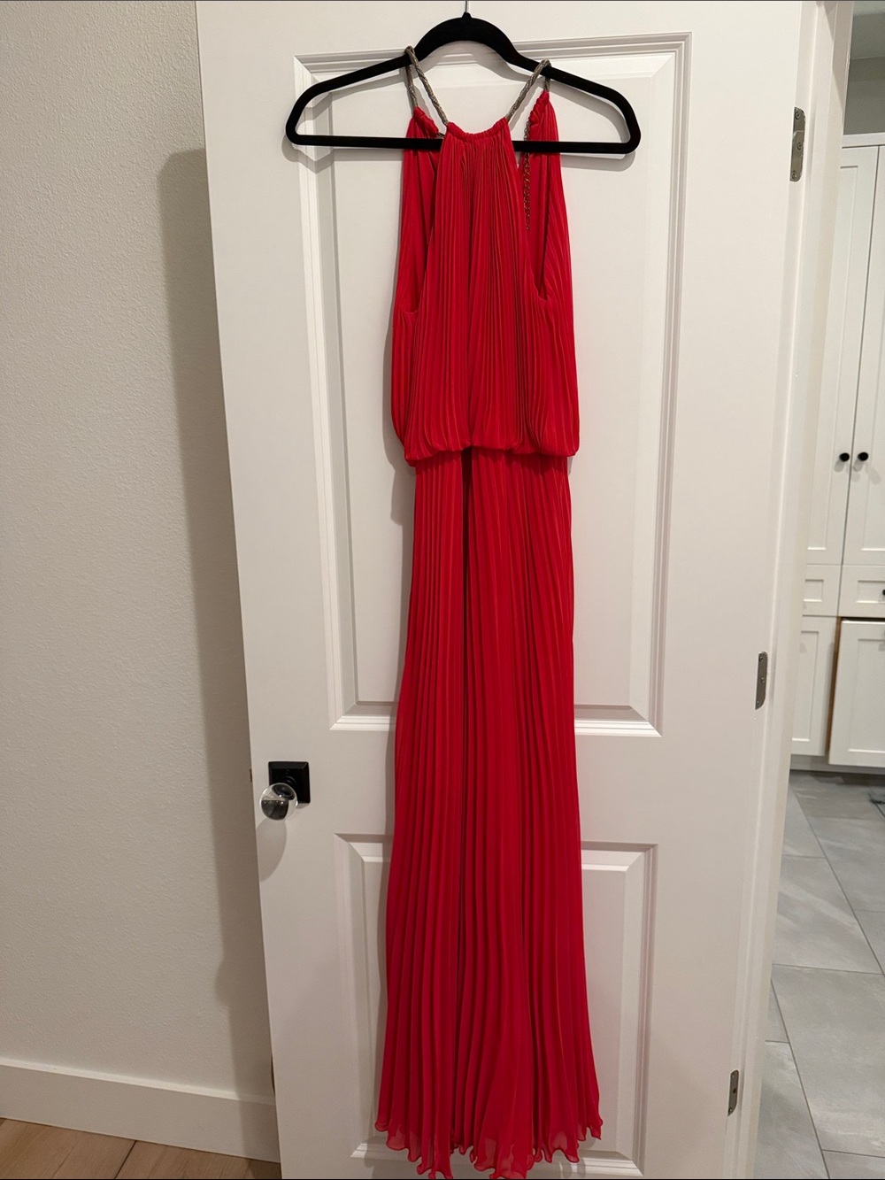 Xscape Red Pleated Maxi Dress with Embellished Halter Straps